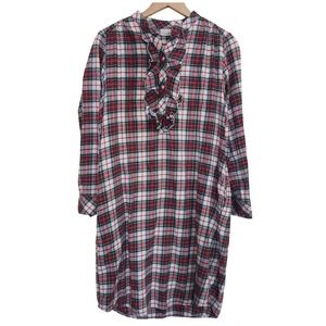 LL Bean Flannel Nightgown Women S Red Plaid Ruffle Neck Long Sleeve Cotton